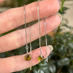 Sterling Silver Threader Earrings with Olive Green Crystal Drops